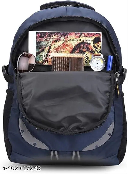 Spacious and lightweight navy blue unisex travel backpack with laptop compartment, reflective strip, and rain cover