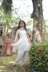 White Georgette Durga Pooja ethnic dhoti kurta set, intricately embellished with traditional embroidery. Sizes: 3-4Yrs (20in), 4-5Yrs (20in), 5-6Yrs (22in), and more up to 14-15Yrs (30in). Origin: India