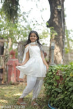 White Georgette Durga Pooja ethnic dhoti kurta set, intricately embellished with traditional embroidery. Sizes: 3-4Yrs (20in), 4-5Yrs (20in), 5-6Yrs (22in), and more up to 14-15Yrs (30in). Origin: India