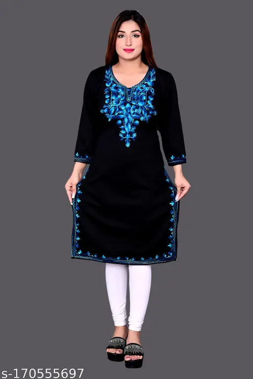 Woolen winter kurti, three-quarter sleeves, solid embroidered design. Women's fashionable fleece kurti for cold weather, India origin