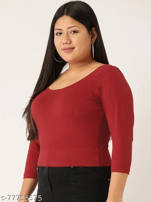 Maroon cotton crop top, plus size women's solid color knitted fitted top with round neck and three-quarter sleeves, available in various sizes (40, 42, 44, 46, 48, 52) from theRebelinme, origin India