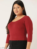 Maroon cotton crop top, plus size women's solid color knitted fitted top with round neck and three-quarter sleeves, available in various sizes (40, 42, 44, 46, 48, 52) from theRebelinme, origin India