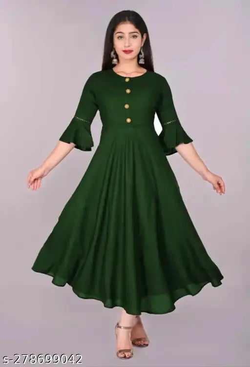 Green Rayon Anarkali Kurti, women's fit and flared style for daily or special occasions