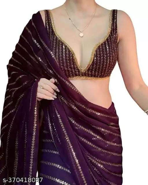 Purple Georgette embroidered Shakti saree with golden zari embellishments and fancy fringe, perfect for parties or auspicious occasions, free size (5.5m saree length, 0.9m blouse length), hand washable, made in India