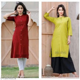 Solid cotton straight kurta, three-quarter sleeves for women. Available in four colors: M (38in bust, 42in length), L (40in bust, 42in length), XL (42in bust, 42in length), XXL (44in bust, 42in length). Made in India
