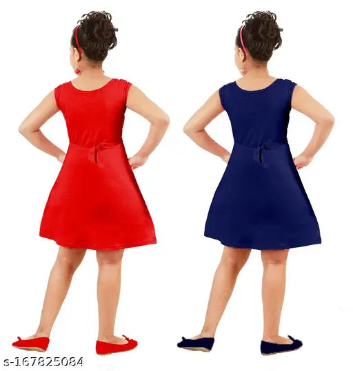 Cotton sleeveless party wear dress combo for girls aged 2-11, red and blue printed net design