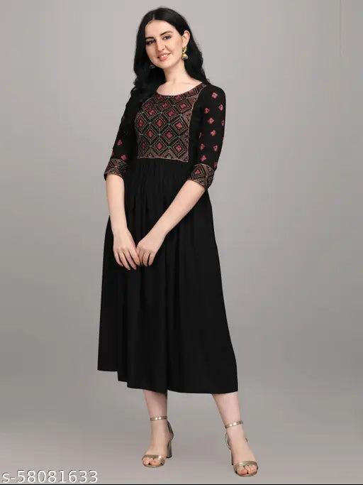 Laxmi black rayon kurti, embroidered three-quarter sleeve Indian fashion for women