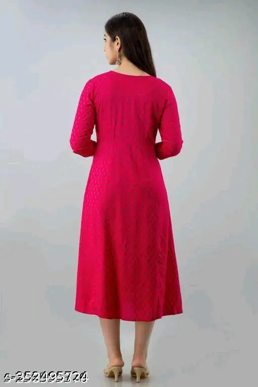 Red rayon three-quarter sleeve dress with printed pattern, size S for bust 36in, on mannequin