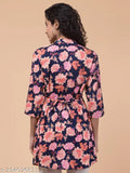 Blue & Multicolor Floral Rayon Tunic with 3/4 Sleeves, Mandarin Collar by Hive91 - Printed summer top with pleated design and tie belt in Indian style