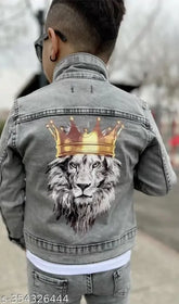 Black denim lion jacket with long sleeves and dyed/washed pattern. Appropriate for kids aged 2-8 years old, made in India
