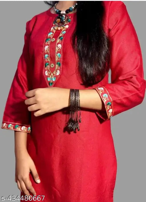 Sky Red Ayeshan Creation Women's 3/4 Sleeve Floral Embroidered Wool Kurti, ideal for daily wear and winter occasions