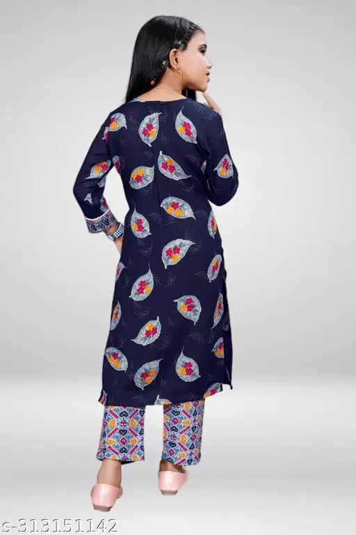 Girls' cotton festive flared dress Kurta & Pyjama Pant Set - A-line, printed, calf-length, 3/4 sleeves. Ideal for parties, weddings, and special occasions. Indian origin