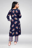 Girls' cotton festive flared dress Kurta & Pyjama Pant Set - A-line, printed, calf-length, 3/4 sleeves. Ideal for parties, weddings, and special occasions. Indian origin