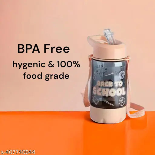 Orange polycarbonate children's water bottle with cartoon animal design, anti-leak, 450ml BPA-free, side handle, and straw, pack of 1