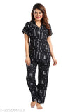 Black printed cotton night suit for women, lace detailing, soft and comfortable sleepwear