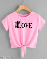Pink cotton blend crop top t-shirt for women, "God is Love" printed, short sleeves, size S (Bust 32in, Len 18in)