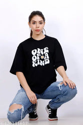 Oversized graphic printed cotton t-shirt for women, three-quarter sleeves, vibrant Indian design