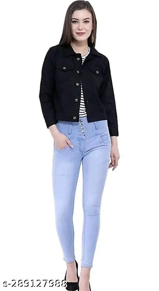 Black denim women's jacket by Fannox Enterprises, solid design with long sleeves, S size (30in bust, 23in length)