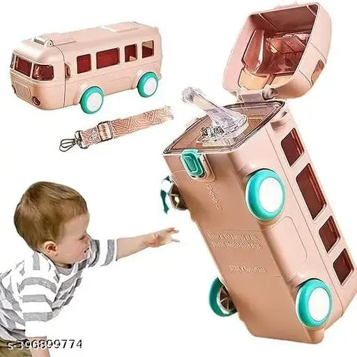 Pink plastic bus-shaped water bottle with movable wheels, reusable for kids, leakproof design, 0.5L capacity, ideal for school and sports
