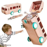 Pink plastic bus-shaped water bottle with movable wheels, reusable for kids, leakproof design, 0.5L capacity, ideal for school and sports