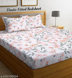 Blue Strip Fitted Elastic Cotton Double Bedsheet Set (Glace Cotton, Botanical), size 78x72+10 with 2 pillow covers (28x18), ideal for summer adult use and room decor