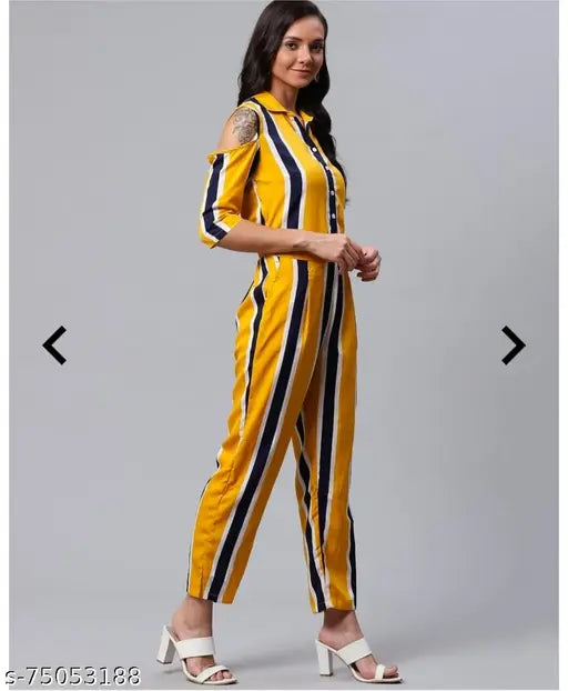 Yellow poly crepe striped jumpsuit with three-quarter sleeves - dazzler women's fashion