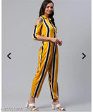 Yellow poly crepe striped jumpsuit with three-quarter sleeves - dazzler women's fashion