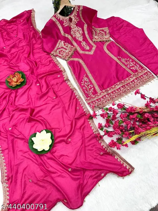 Magenta Anarkali suit set with golden details, heavy embroidered long silk dress for traditional wedding functions or festive wear