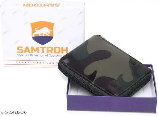 Green artificial leather SAMTROH men's wallet, 4 card slots, round chain accessory for casual style
