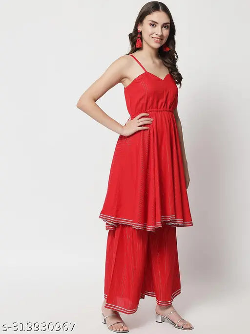 Red viscose rayon traditional dress set for girls - Sleeveless kurta with sharara & dupatta, three-quarter sleeves, Indian ethnic wear