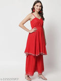 Red viscose rayon traditional dress set for girls - Sleeveless kurta with sharara & dupatta, three-quarter sleeves, Indian ethnic wear