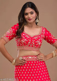Trendy Tometo red satin lehenga choli with net dupatta, embroidered and semi-stitched for wedding and festive wear