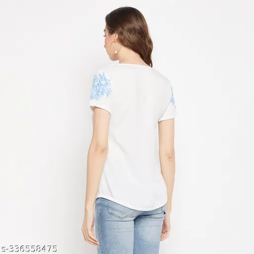 White rayon embroidered top with short sleeves & lace detailing, ladies fashion