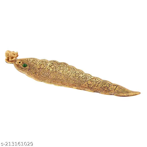 Antique golden finish elephant figurine incense holder with pack of agarbatti sticks, brass feng shui showpiece (8.5" x 1" x 0.5")