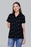 Black cotton blend women's polo neck t-shirt with short sleeves and printed design, perfect for parties and special occasions. Made in India