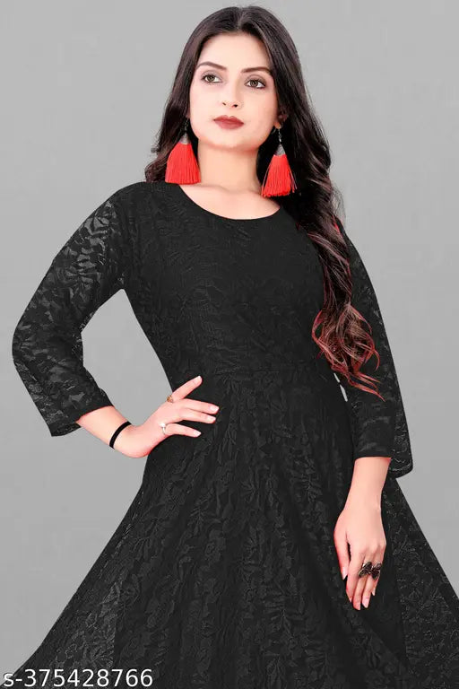 Net embroidered Anarkali kurti gown for women, three-quarter sleeves, India-origin, versatile casual-wedding wear