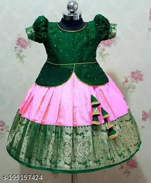 Silk lehenga and jacquard choli set for kids in fancy Pattu pattern, short sleeves, Indian traditional wear