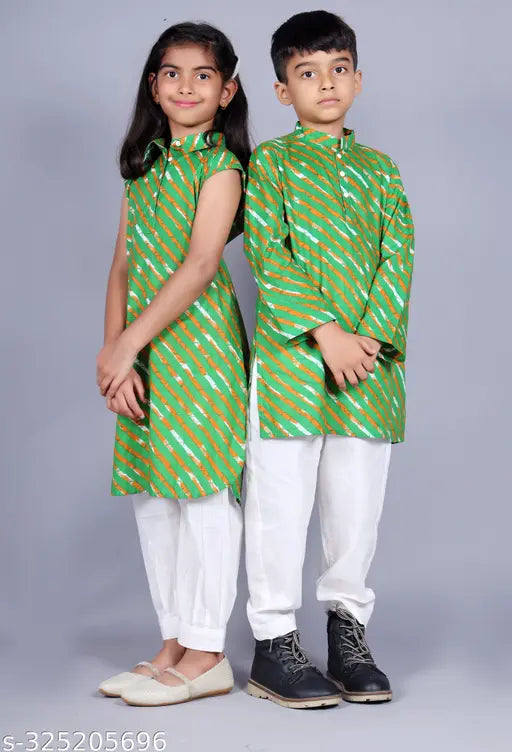 Indian cotton printed kurtas & pyjamas for kids aged 3-4, featuring long sleeves & calves length top design