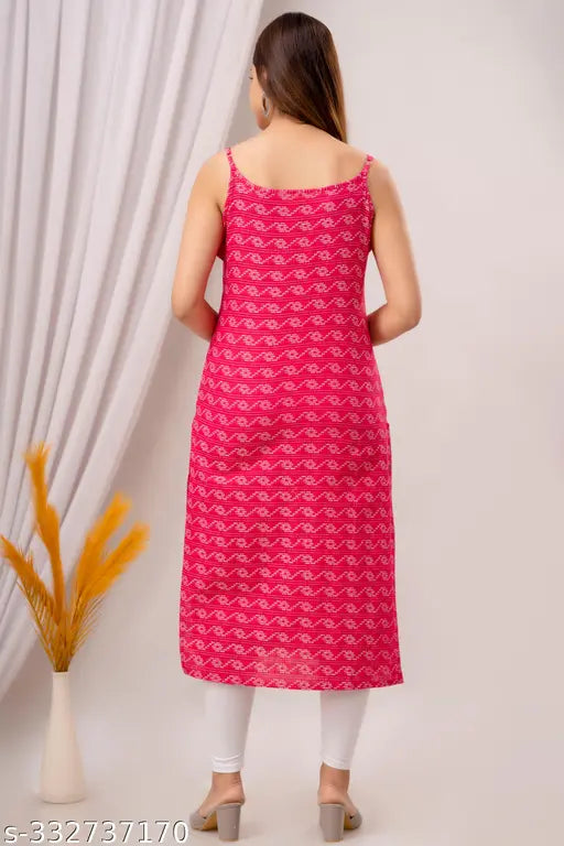 Red striped rayon sleeveless kurti, lightweight & trendy for casual outings, ideal for pairing with leggings or palazzo pants