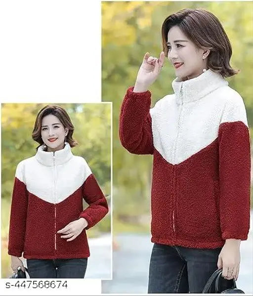 Red wool colorblocked MMM jacket LE on model, long sleeves, size S (36in bust, 25in length, 25in waist, 38in hip, 15in shoulder)