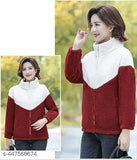 Red wool colorblocked MMM jacket LE on model, long sleeves, size S (36in bust, 25in length, 25in waist, 38in hip, 15in shoulder)