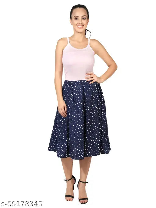 Navy Blue Small Dot Print Mid Calf IBPanel Polyester Skirt Combo - Women's flared skirt with crepe fabric and variety of sizes available from 26in waist to 34in waist