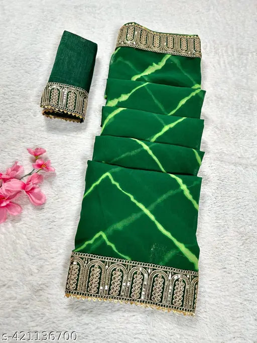 Vibrant Georgette saree with Lehariya pattern for women's, featuring Bangalori silk blouse. Perfect for festive occasions and parties, with a single net-patterned piece in free size (5.5m saree, 0.8m blouse). Made in India