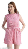 Yellow/Pink Women & Girls Short Jumpsuit with Two Side Pockets, Printed Net Crepe Fabric, Suitable for Festive Occasions