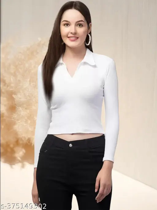 White polyester long-sleeved V-neck Dream Beauty Fashion women's solid fitted t-shirt for casual and formal wear
