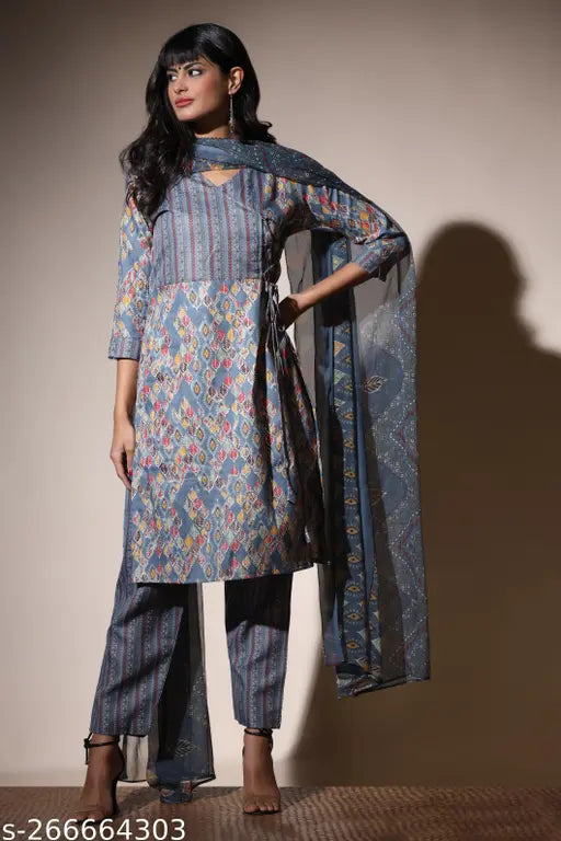 Heavy cotton kurta set, geometric plazzo & floral pattern dupatta - Indian traditional elegance for special occasions