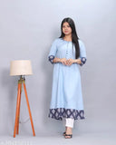 Rayon flared kurti with printed border, women's solid style for formal or casual events. India origin