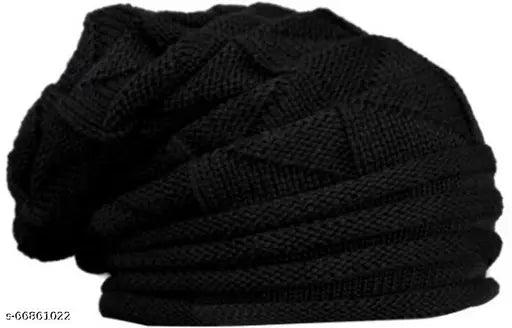 Slouchy black woolen beanie with fur lining, high-quality winter accessory from India