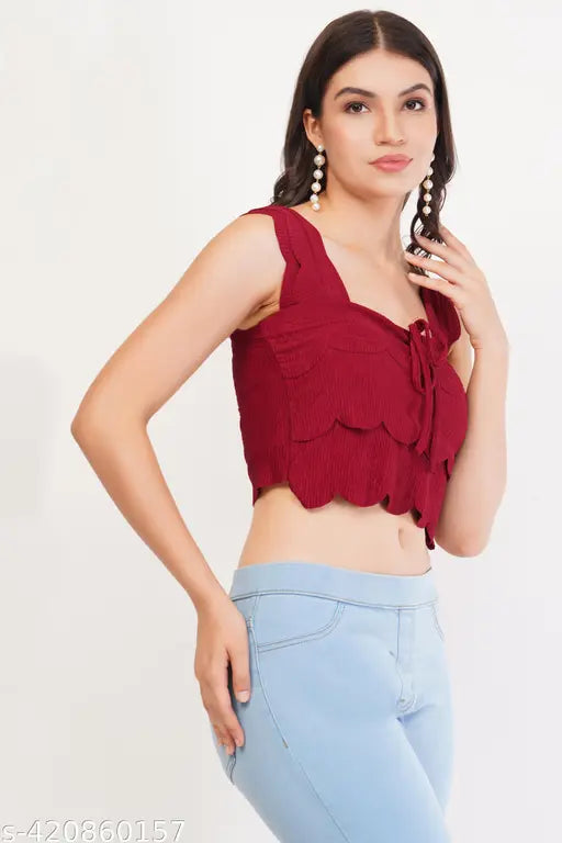 Maroon scalloped edge crop top for women, soft textured cotton blend fabric, sleeveless design with square neckline and tie-front detail. Perfect for western wear, enhances casual wardrobe, versatile style for various occasions