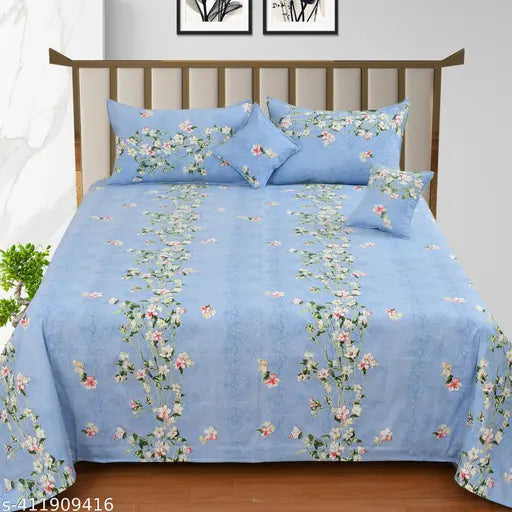 Geometric-print superfine cotton king size 5pc bedsheet set (2 pillow covers, 2 cushion fillers), ideal for summer. India origin